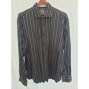 Bugatchi Shaped Fit Striped Button Front Shirt Mens XL Black Gray Long Sleeve